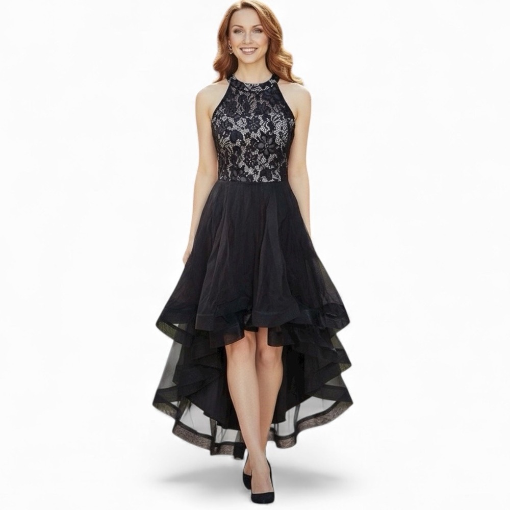 SPEECHLESS Black Whimsygoth Lace Bodice Sheer High Low Asymmetrical Dress Sz S
